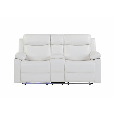 Blanc, lumières à DEL, haut-parleurs, inclinaison manuelle, console avec porte-gobelets, accoudoirs coussinés, look contemporain, siège mi-ferme, revêtement en similicuir dans le salon principal style deux, espace