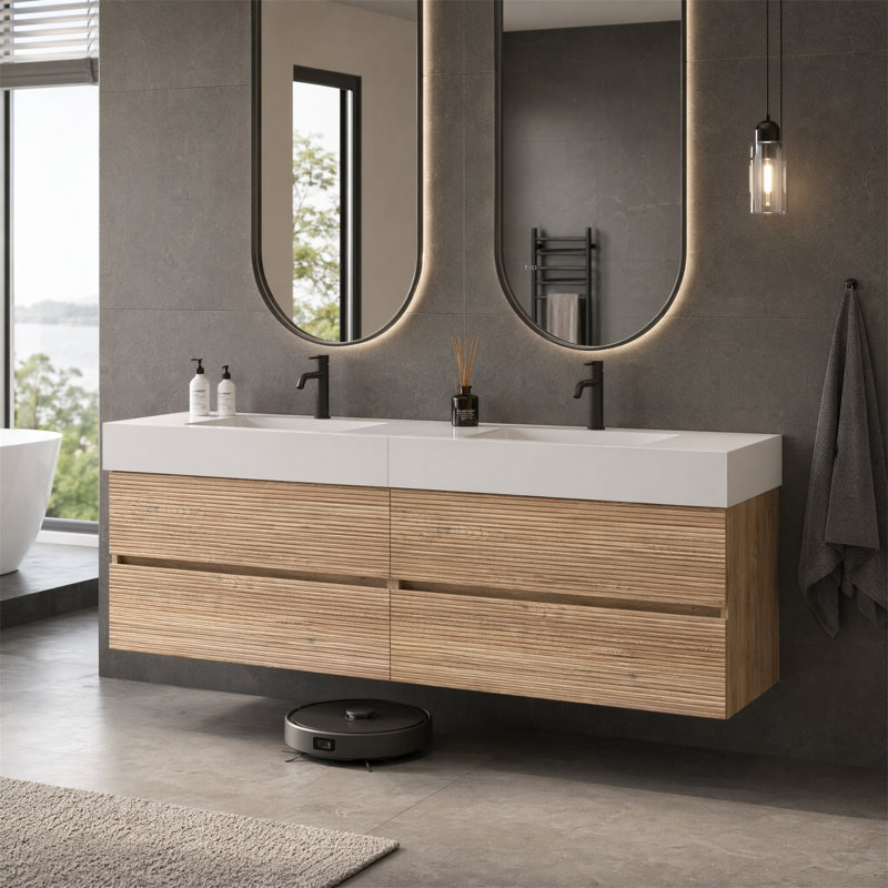 Meuble-lavabo mural 72 po, 4 tiroirs en chêne brut, 4 tiroirs (36 po x 2)
