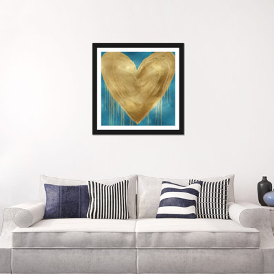 Impression d’art graphique, "large cœur Gold on Aqua" par Lindsay Rodgers