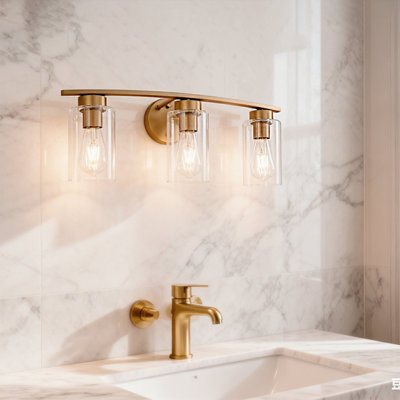 Éclairage pour meuble-lavabo à 3 lumières en or brossé, luminaires de salle de bain modernes E26 avec abat-jour en verre transparent, lampes murales pour armoires de salon, armoires de couloir et miroirs