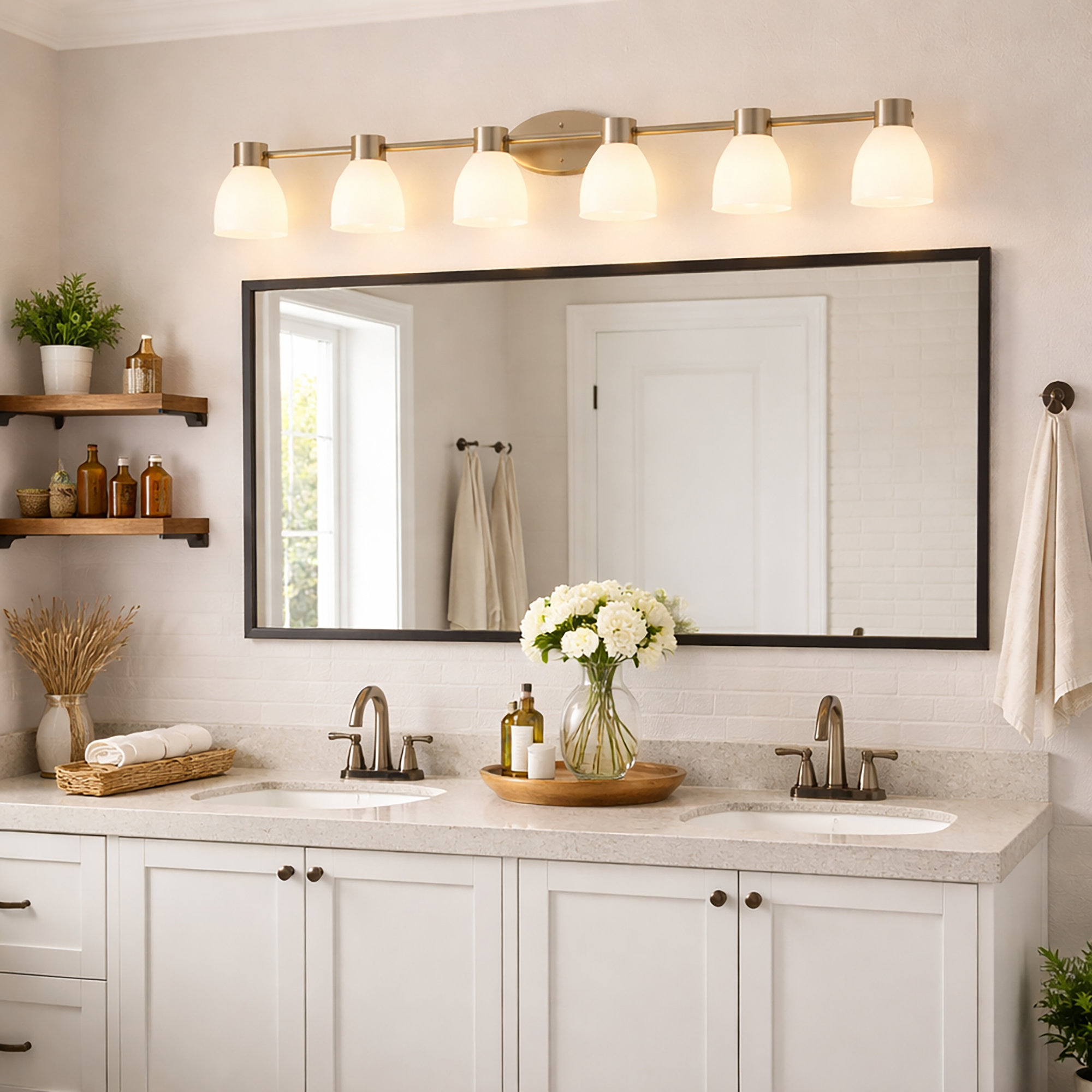 3-Light Brushed Brass Vanity Light with Acid-Etched Opal Glass Shades, 6, Brushed Nickel