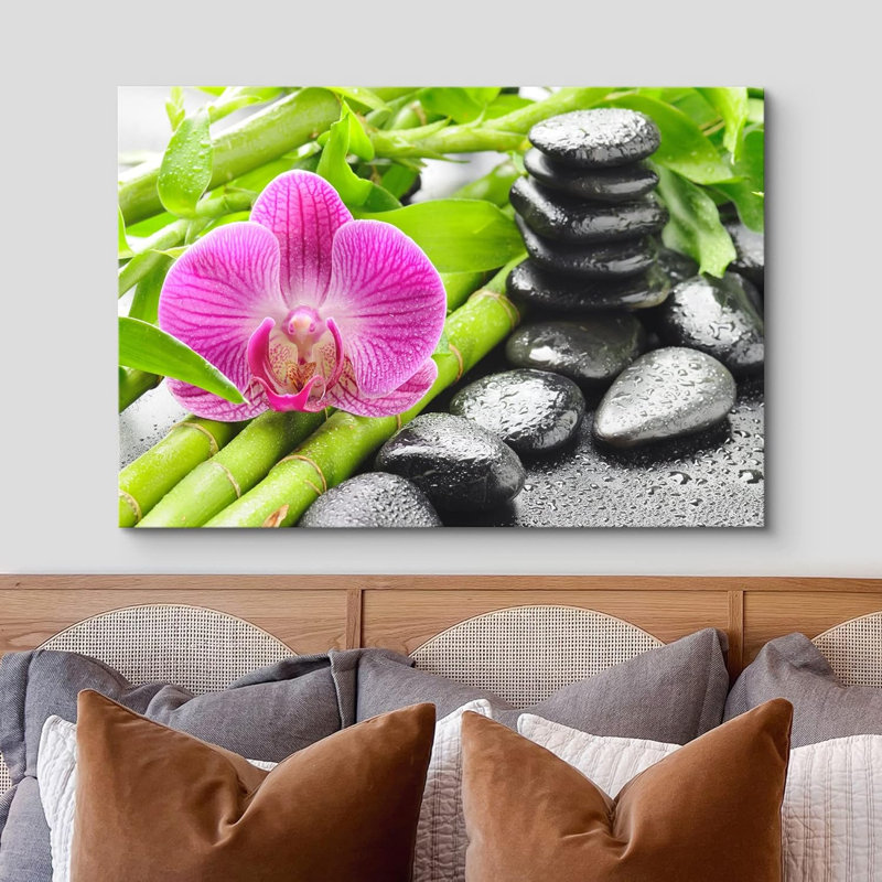 Zen Zen "Photographie d'orchidée mauve, fleur de bambou, cailloux, salle de bain, photographie", H 12 po x l 18 po