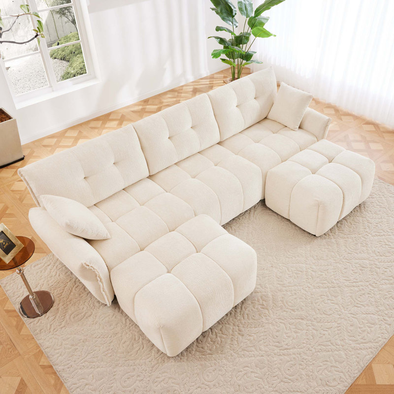 Ensemble de canapé 3 places avec repose-pieds et coussins décoratifs, structure robuste en bois massif en tissu chenille texturé élégant