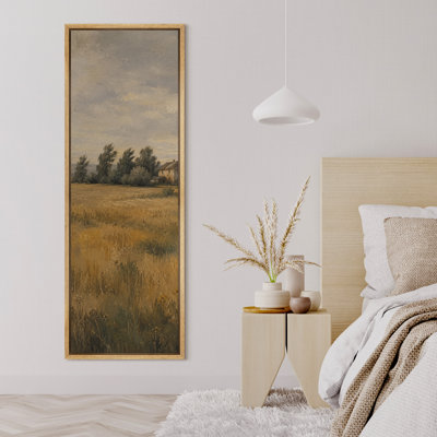 Vintage Countryside Field With Distant Farmhouse Landscape Wall Decor - Large Framed Canvas Master Bedroom Wall Art Print