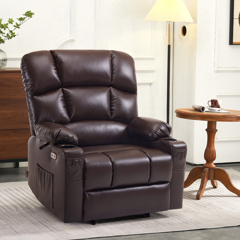 Megham Wide Lay Flat Dual Motor Power Recliner Lift Chair with Massage and Heat, Faux Leather, Brown Faux Leather