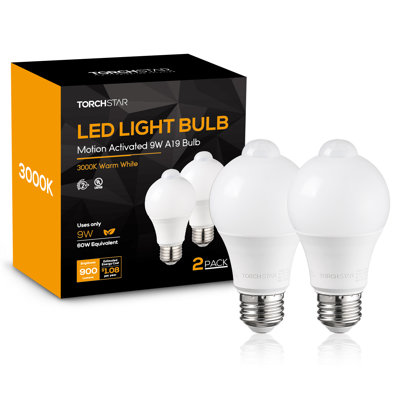 Ampoule DEL A19 9 W (équivalent 60 W) à détecteur de mouvement, 900 lm, blanc chaud 3000 K, certifiée UL, FCC et DOE, culot E26.