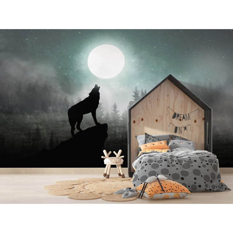 Wolf Midnight Wall Mural Moon Wallpaper, 94.92" L x 143" W
