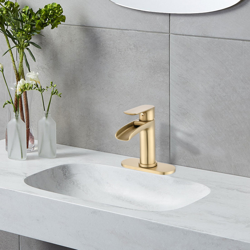 Robinet cascade pour salle de bain à poignée simple en or brossé avec plaque de pont et drain de débordement - Pop Up Trustworthiness