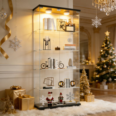 Jacquelline Tempered Glass Display Cabinet with 2 LED Lights, 5-Shelf Curio Cabinet with 2 Doors
