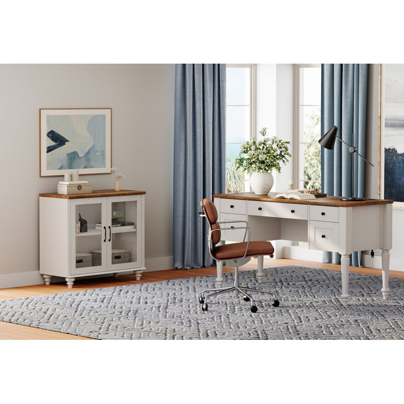 Scarlett 2 Piece Office Set, 56" Executive Desk & Cabinet With Glass Door, White