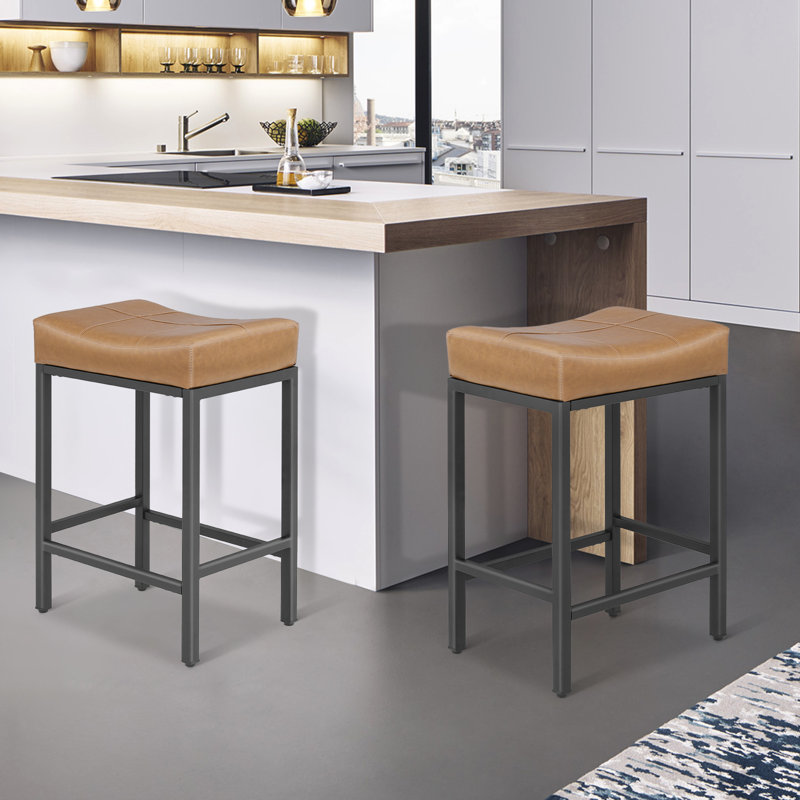 Upholstered Saddle Bar Stools Counter Height Stools Barstools Bar Chairs with Curved Seat & Footrest, Camel