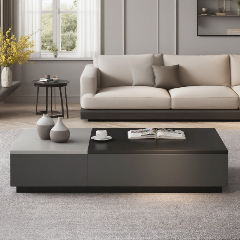 Table basse moderne à plateau relevable avec rangement caché et tiroirs