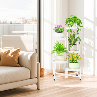 5 Tier Folding Plant Stand Indoor Outdoor With Plastic Tray, Tiered Corner Flower Holder Shelf, Metal Orchid Display Rack For Patio Porch Living Room Garden Balcony, White