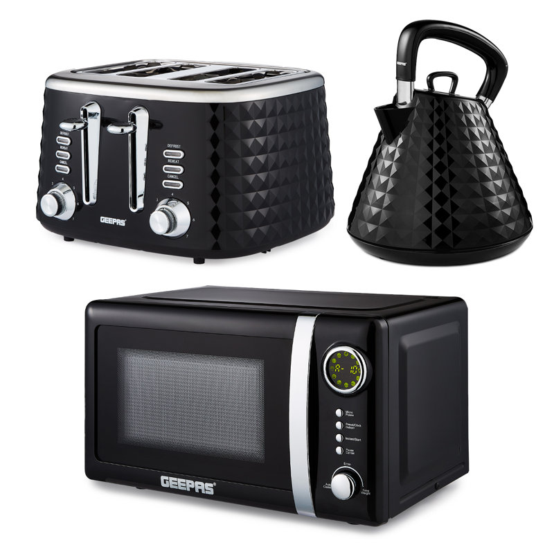 GEEPAS Electric Kettle 4 Slice Bread Toaster & Microwave Kitchen Set | 1.5L Pyramid Kettle 3000W | 4 Slice Toaster with 7 Level Browning Control, 1750W | 700W Digital Microwave 20L