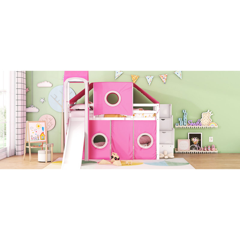 Lit mezzanine double rose avec tente et tour. Composé de bois de pin massif pour plus de stabilité. Fenêtre de conception inspirée d'une maisonnette. Espace de rangement spacieux et spacieux. Matelas: L 94,6 po x l 99,5 po x H 78,9 po
