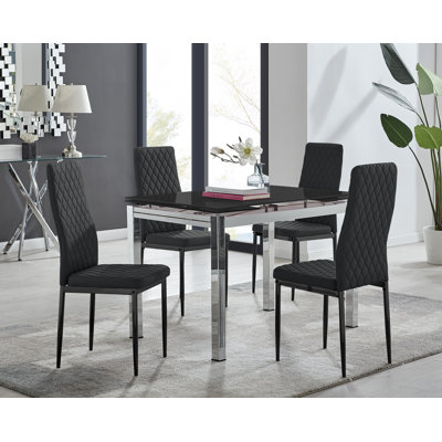Tierra Modern Glass & Metal Extendable Dining Table Set & 4 Luxury Faux Leather Dining Chairs
