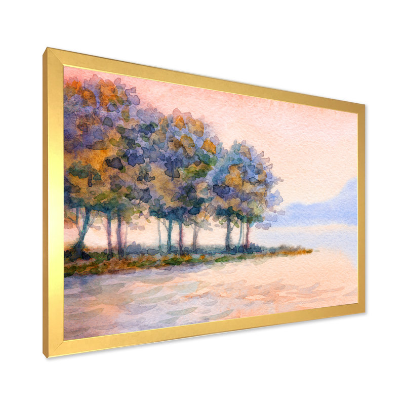 Coucher de soleil sur le lac II - peinture sur toile, Toile encadrée d'or, H 16 po x l 32 po x P 1,5 po