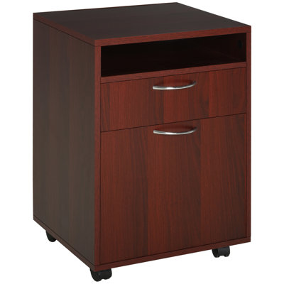 Brown Mobile Storage Cabinet With Drawer And Printer Stand On Castors, Ample For Office Cartridges Books, Compact Design Desk Placement, 4 Omnidirectional Wheels, Frame Metal Handle