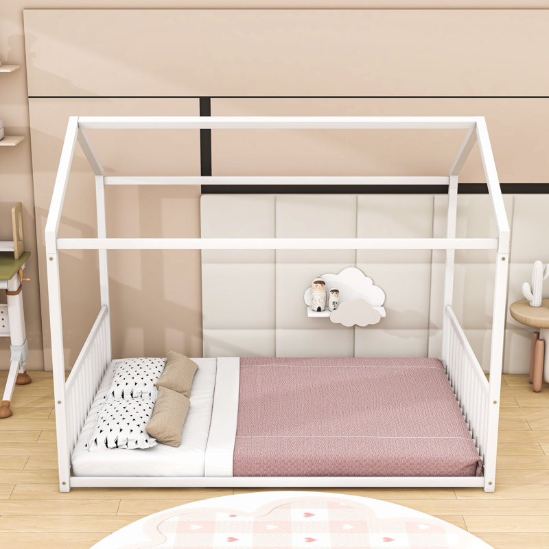 Floor Bed Frame  With Safety Guardrails, Full, White