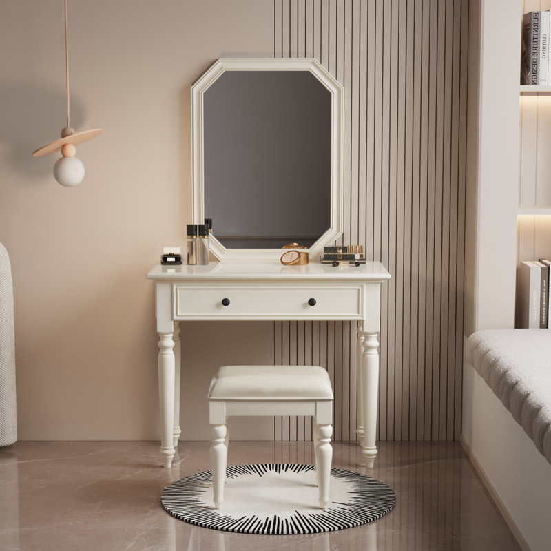 Pereda 35.43 Inch Wide Makeup Vanity With Mirror And Stool, 1 Drawer, Padded Stool, Beige