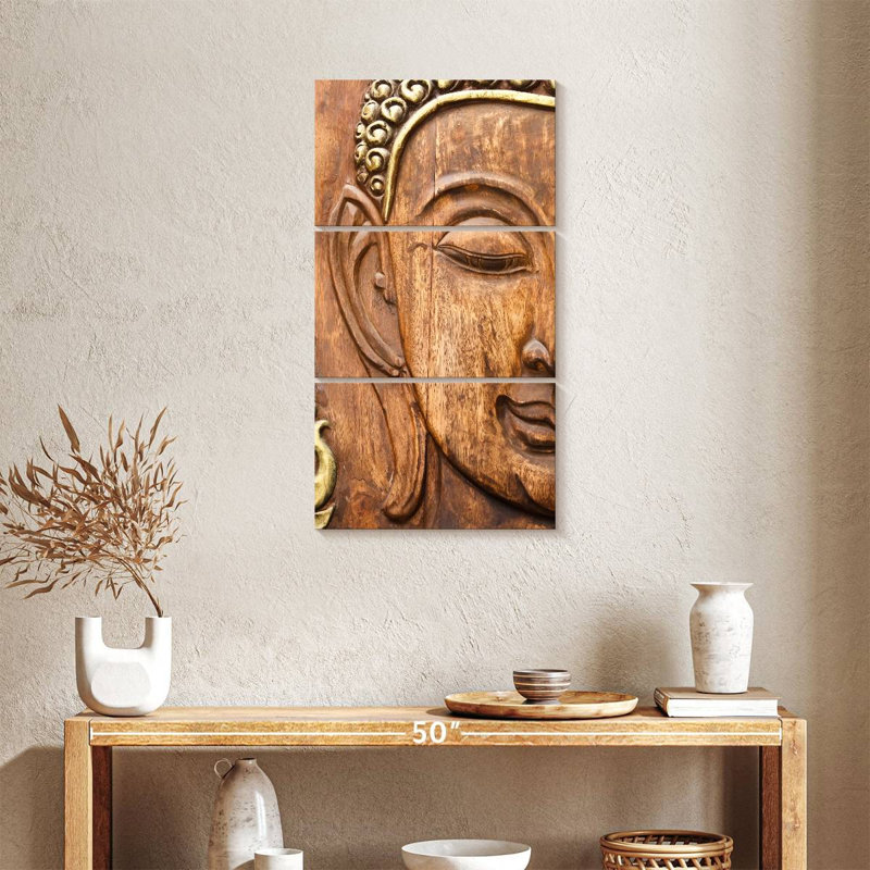 Bouddha en bois sculpté 3 pièces, H 38 po x l 18 po x P 1,25 po
