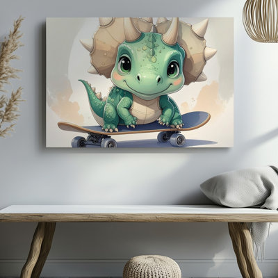 Canvas Wall Art A Cute Stylized Cartoon Baby Triceratops Stands Confidently On A Skateboard Rendered In Premium Quality Ready To Hang