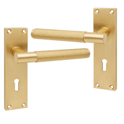 Golden Grace 1 Pair Victorian T-Bar Linear Design Door Handle Antique Brass - Metal Secure and Elegant 3 Lever Lock Set with Hinges - 150mm x 40mm