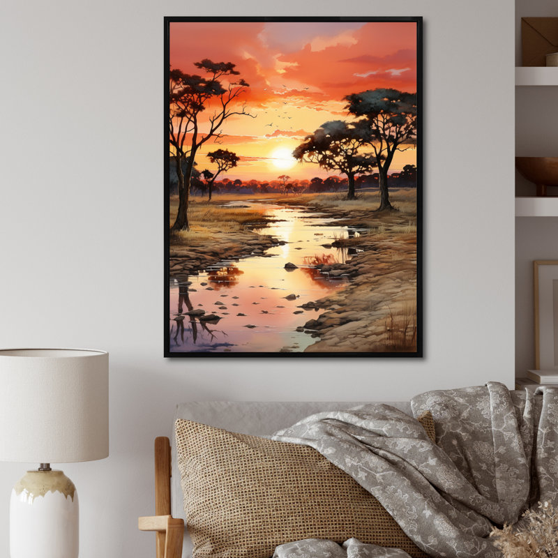 Alsey, coucher de soleil africain Oasis II, H 32 po x l 24 po x P 1 po, Cadre flottant noir