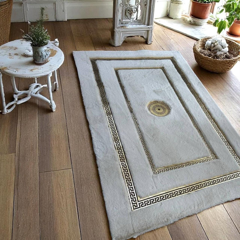 Tapis gris moelleux fait à la main avec bordure grecque et médaillon - tapis de chambre à coucher, Rectangulaire 8 pi x 10 pi