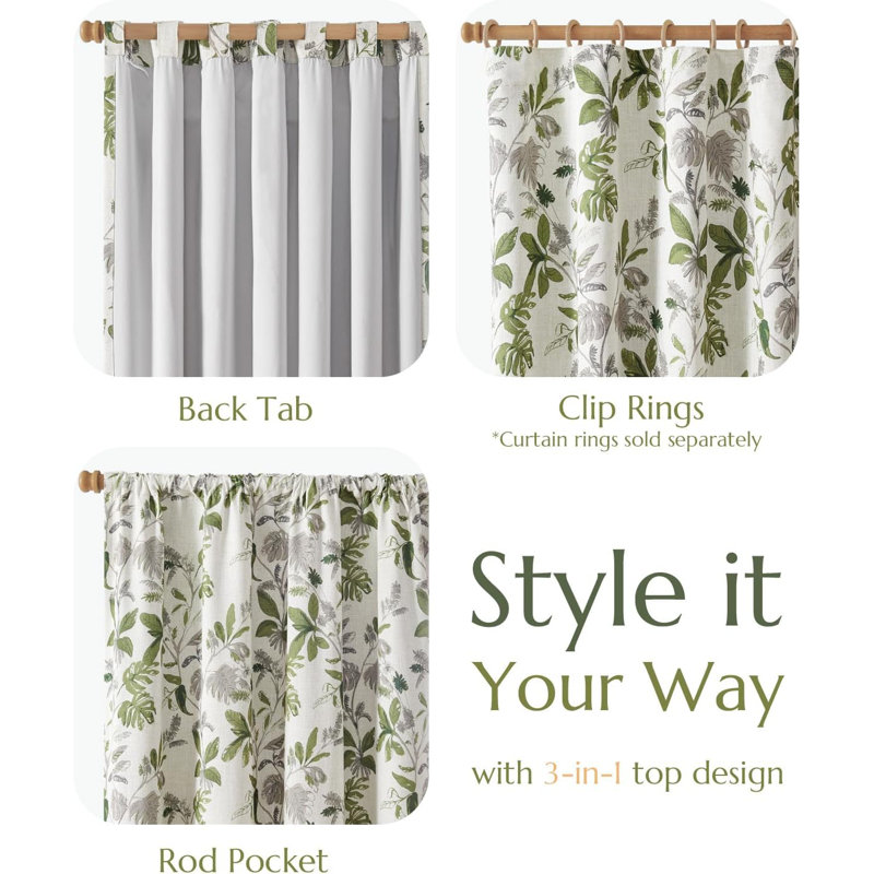 Rideaux botaniques occultant à motif de feuilles tropicales pour le salon, L 50 po x L 84 po, Vert