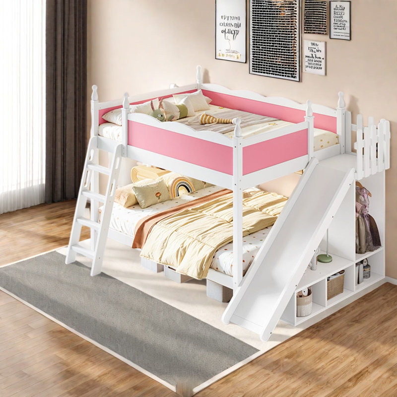 Lit double au dessus d'un lit double avec rangement, lit superposé en bois aggloméré, chambre d'enfant moderne