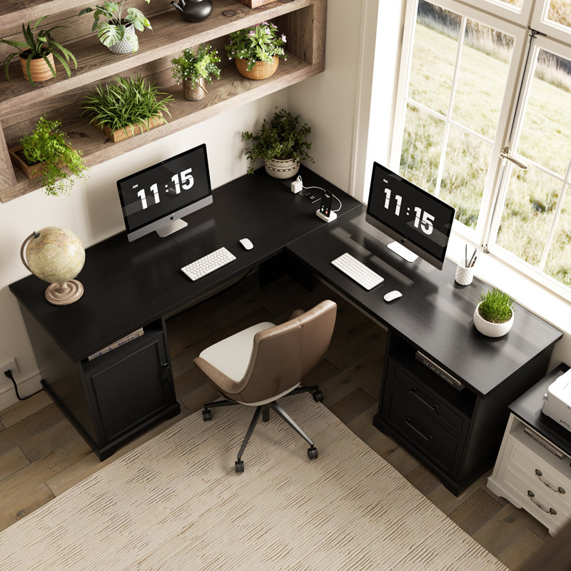 60‘’ L Shaped Desk with Wooden Drawers, Black, Black