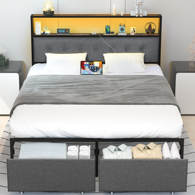 Tremel Bed Frame with Headboard, Metal Platform Bed Frame, Storage Bed with Charging Station, Queen