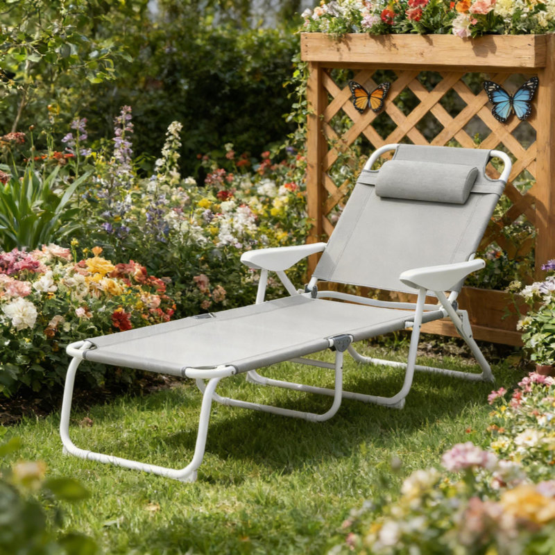 Chaise de bronzage d'extérieur, chaise longue pliante, Gris clair