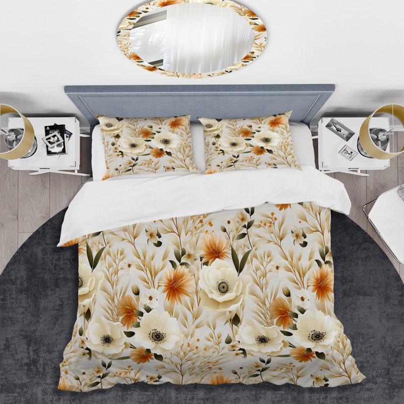 Literie à motif floral Buttercup II aux tons neutres, Housse de couette pour très grand lit et 2 très