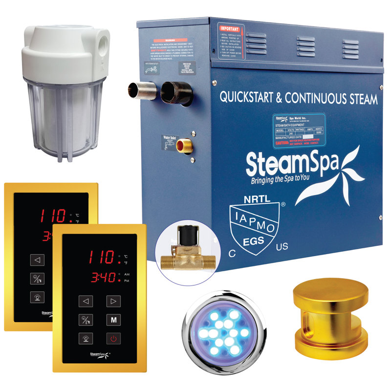 Ensemble de générateur de bain à vapeur à démarrage rapide 9 kW Steamspa Royal Series avec drain automatique intégré en or brillant