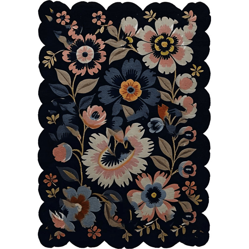 Shape Collection Black Themed Multi-Coloured Mixed Floral Rose Patterned Modern Decorative Rug, Runner 3'3.37" x 9'10.11"