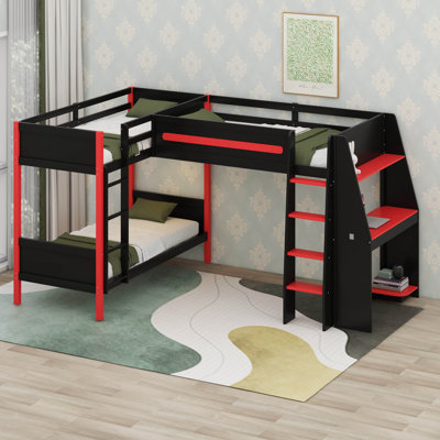 L Shaped Triple Bunk Beds, Twin Size Gaming Bunk Bed With Desk, Shelves And LED Light
