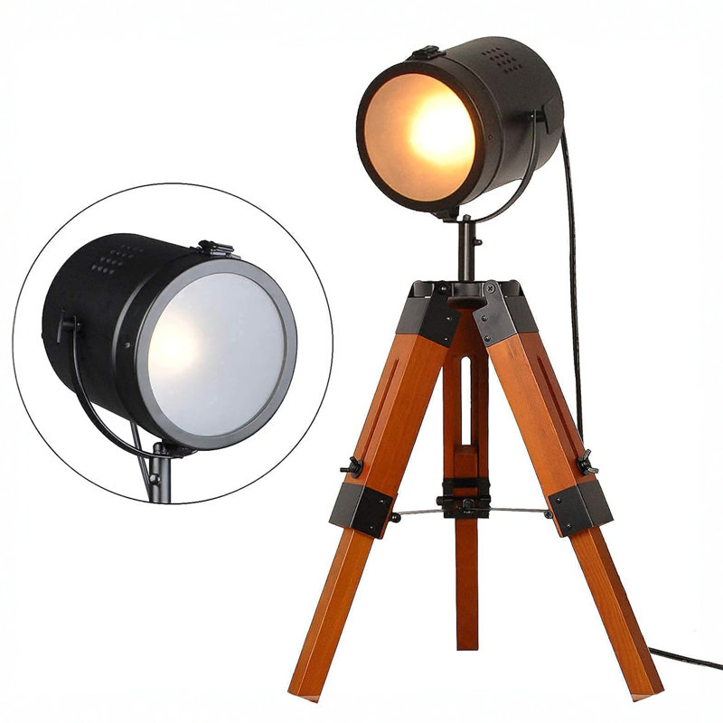 Vintage Adjustable Tripod Spotlight Floor & Table Lamp, Industrial Steampunk Cinematic Accent Light with Swivel Head, Height Adjustable 20.87"–24.80", Wooden Base, E26 Bulb Compatible (Bulb Not Included)