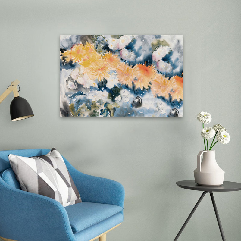 Une mélodie de pétales - Art contemporain aquarelle florale de chrysanthème, H 16 po x l 24 po