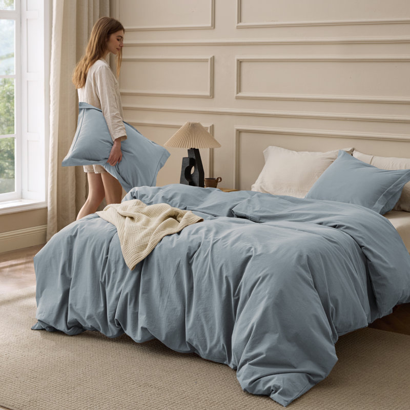 Bedsure 100% Washed Cotton Duvet Cover Queen Set - Minimalist Cotton Beding Set For All Season（set of 3）, Grayish Blue