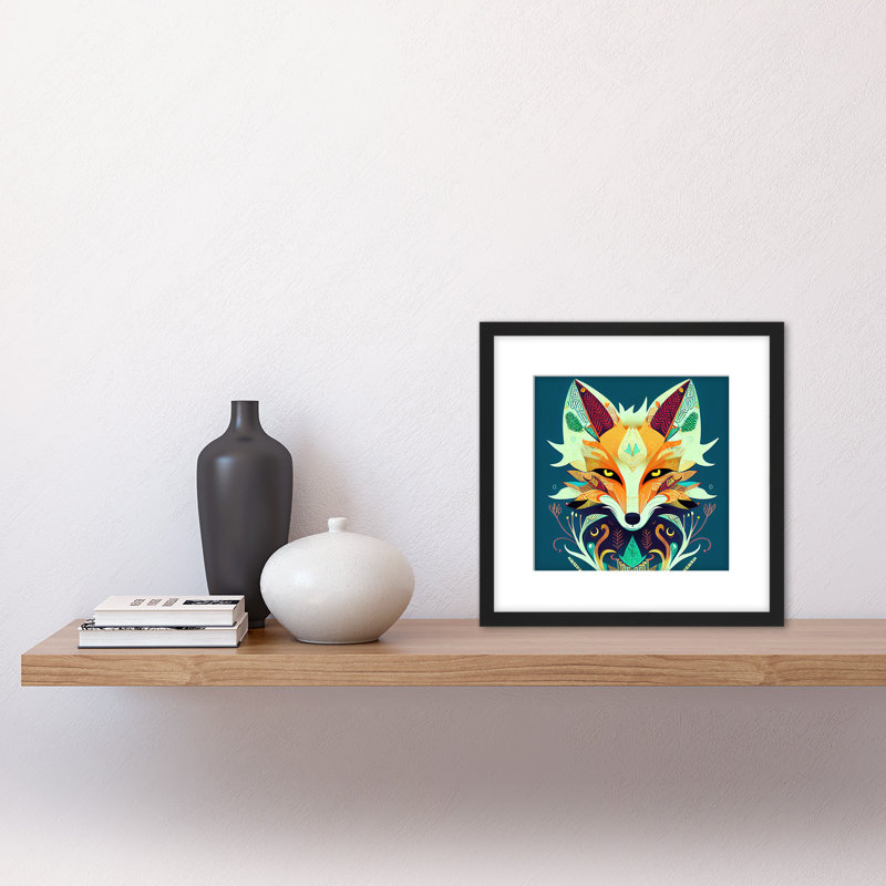 Modern Folk Style Fox Face Orange Teal - Single Picture Frame Print