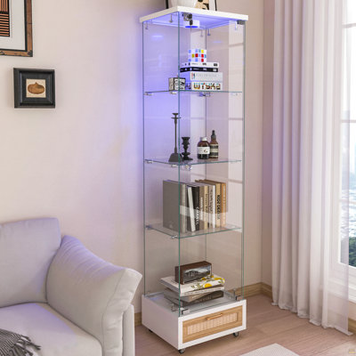 Vitrine moderne en verre avec tiroir, armoire antique à assemblage rapide avec lumières DEL, bibliothèque en verre trempé, boîte de rangement à 1 porte avec 4 tablettes