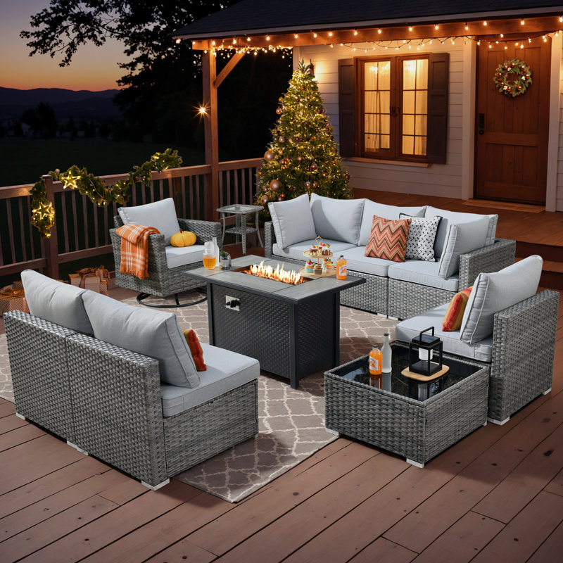 Zelmiro Wicker 8 - Person Patio Conversation Set with Cushions, Gray