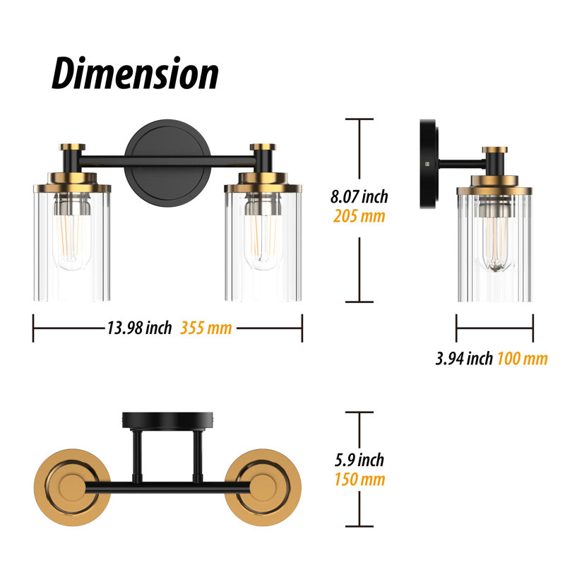 2 Lights Vanity Light for Bathroom, Black/Gold