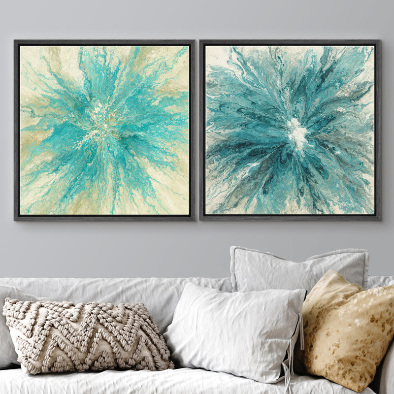Aqua Blue Abstract Burst Contemporary Wall Decor Set Framed Master Bedroom Wall Art Work 2 Pieces Print, Black Floater Frame