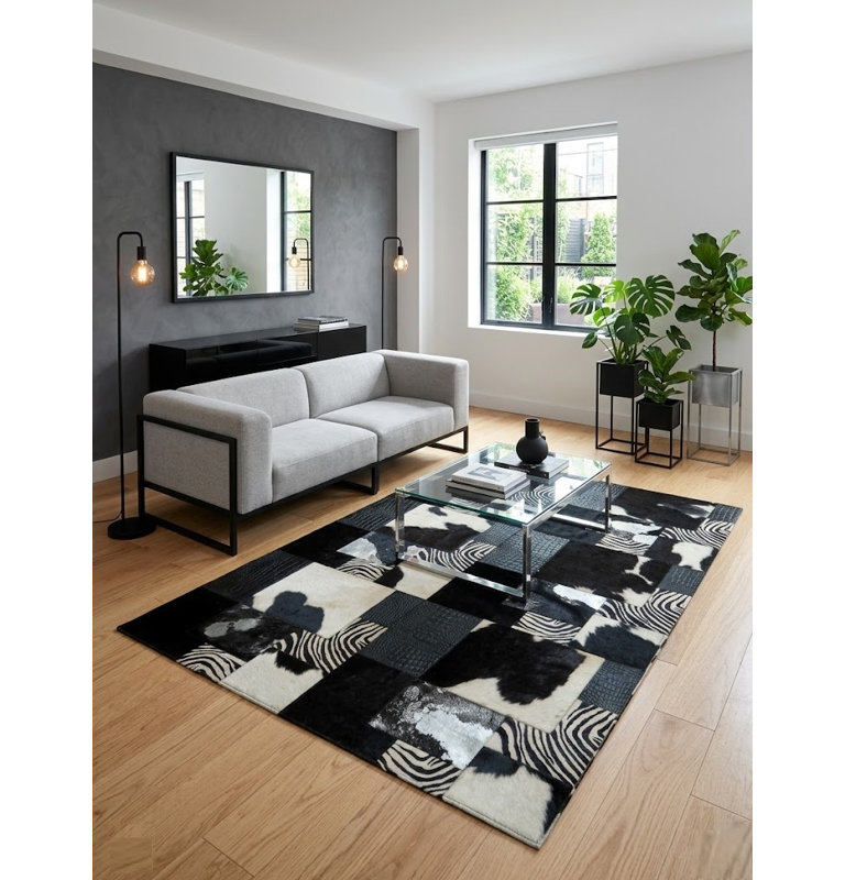 Tapis Abani Rugs Hide HID240A Noir Ivoire Texture Mixte Patchwork Soriano, 4 pi x 6 pi