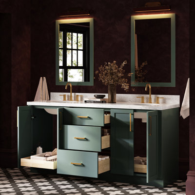 73 Inch Double Oval Sink Bathroom Vanity with Carrara White Marble Countertop 1.5 Inch in Vintage Green