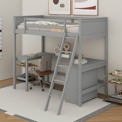 Lit mezzanine simple en bois avec tablettes et bureau