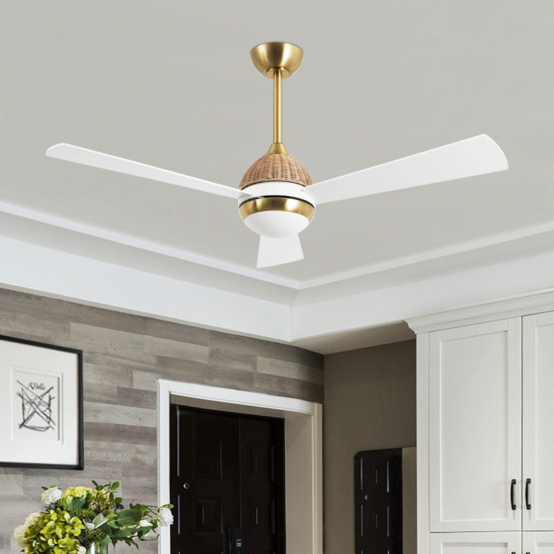 52" 3-Blade Woven Rattan Ceiling Fan With LED Light And Remote Control, Gold